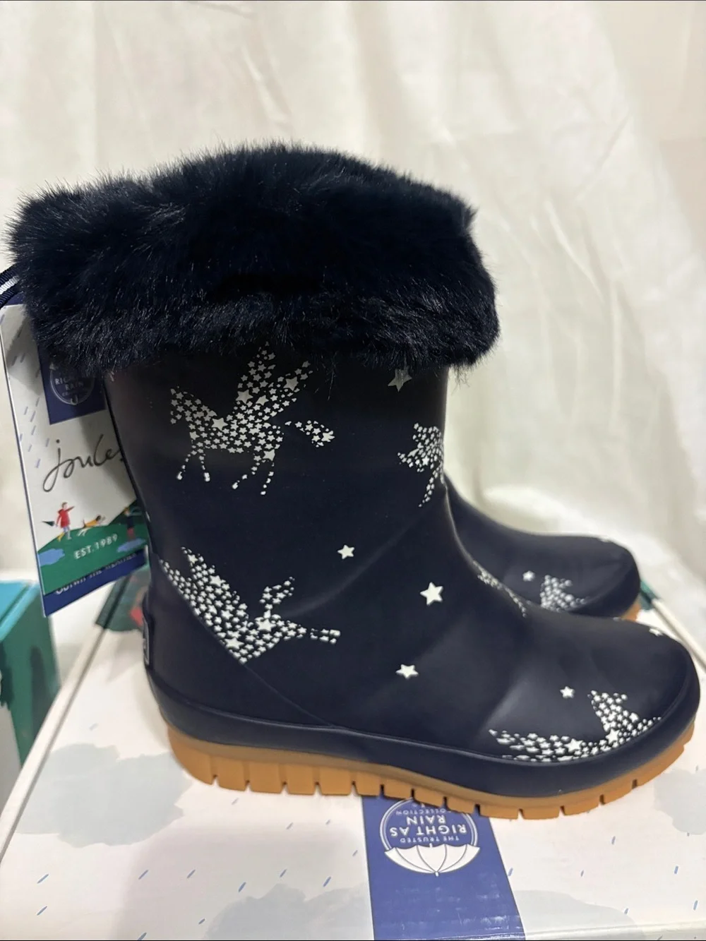 Joules Kids Fur-Trim Rain Boots Size US 2 NWT